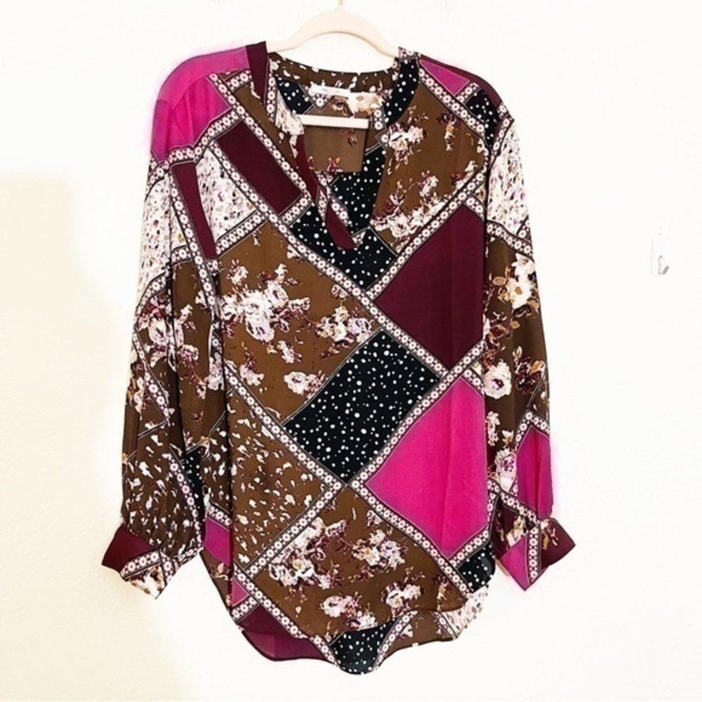 Maurices Long Sleeve Floral Blouse Women Size Large Brown/Pink